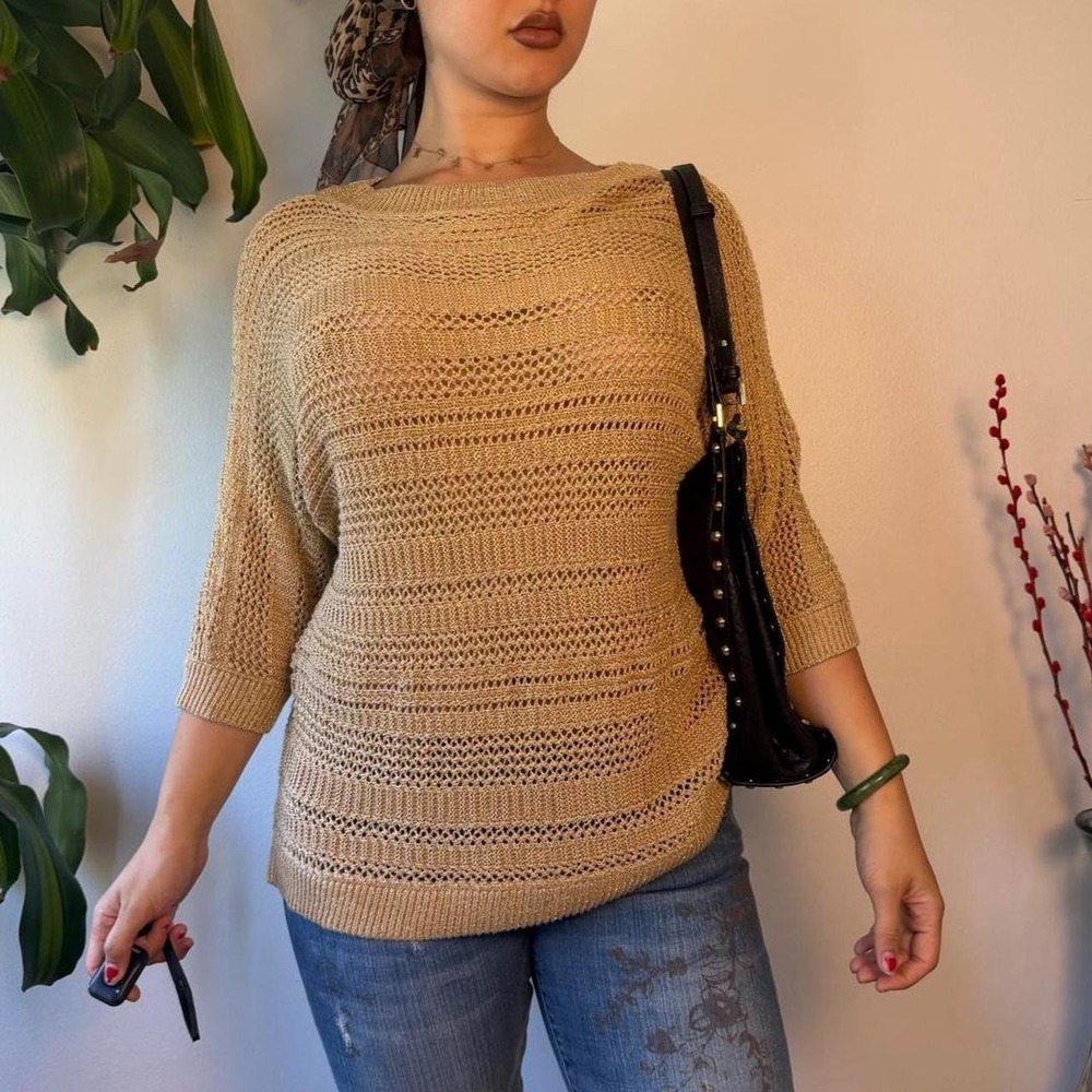 Chicos Travelers Gold Crochet Knit Batwing Sweater 3/4 Sleeve Size 2 Large NWT